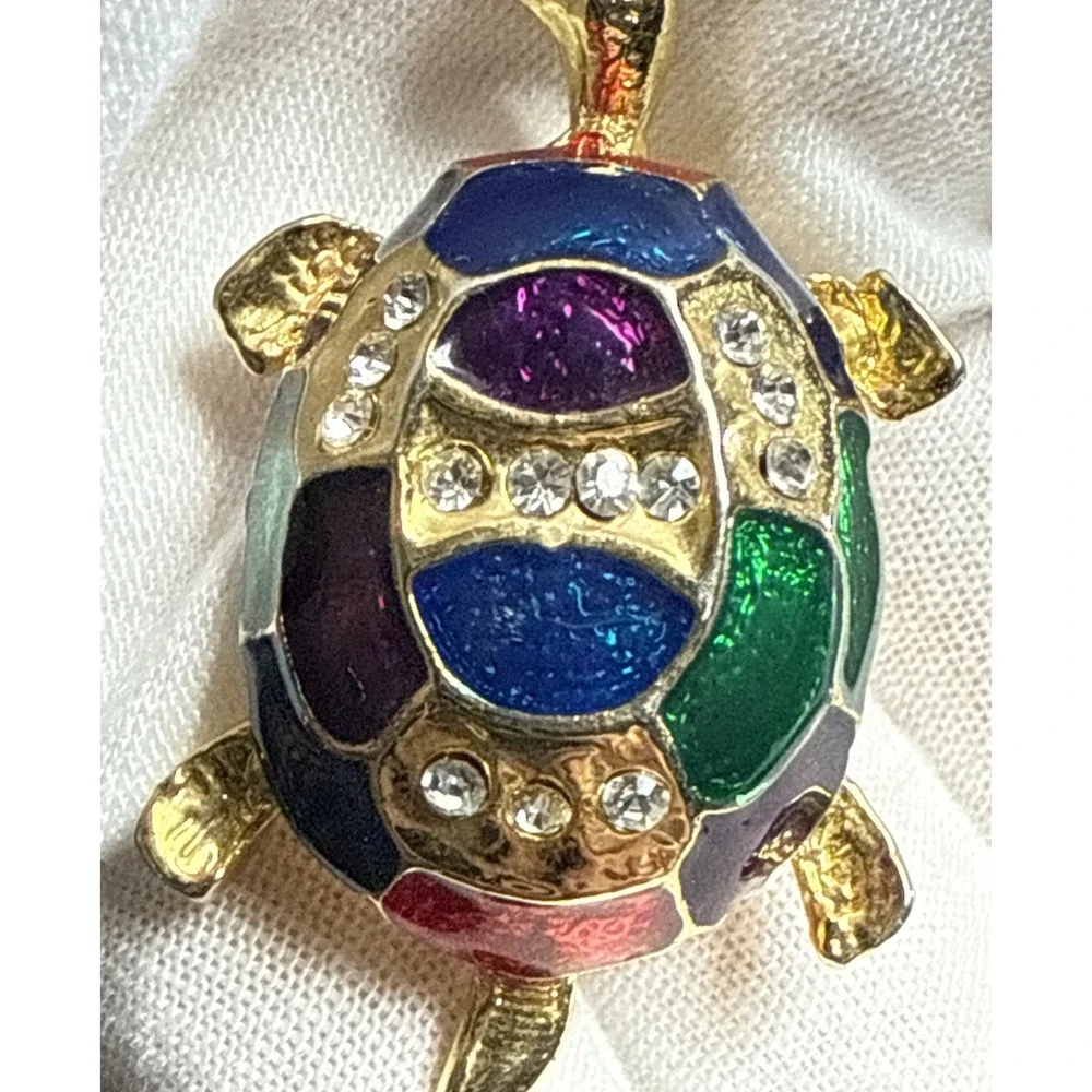 Vintage Rhinestone Guilloche Enamel Painted Turtle Tortoise Brooch Pin